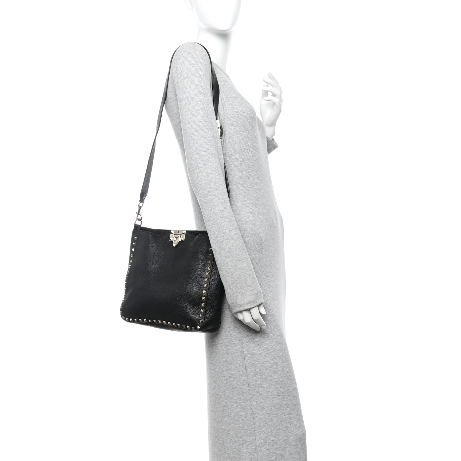 Pebbled Calfskin Small Rockstud Flip-Lock Messenger Bag Black - Image 2