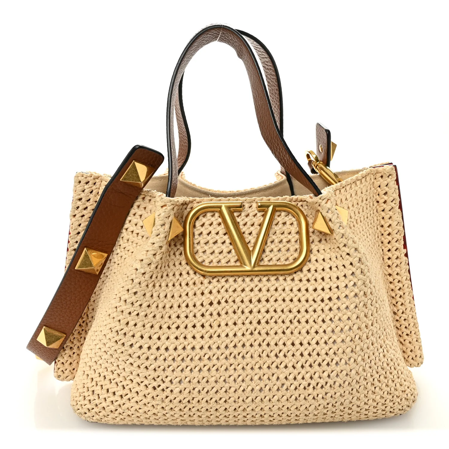 Raffia Grained Calfskin Small Rockstud Vlogo Tote Naturale