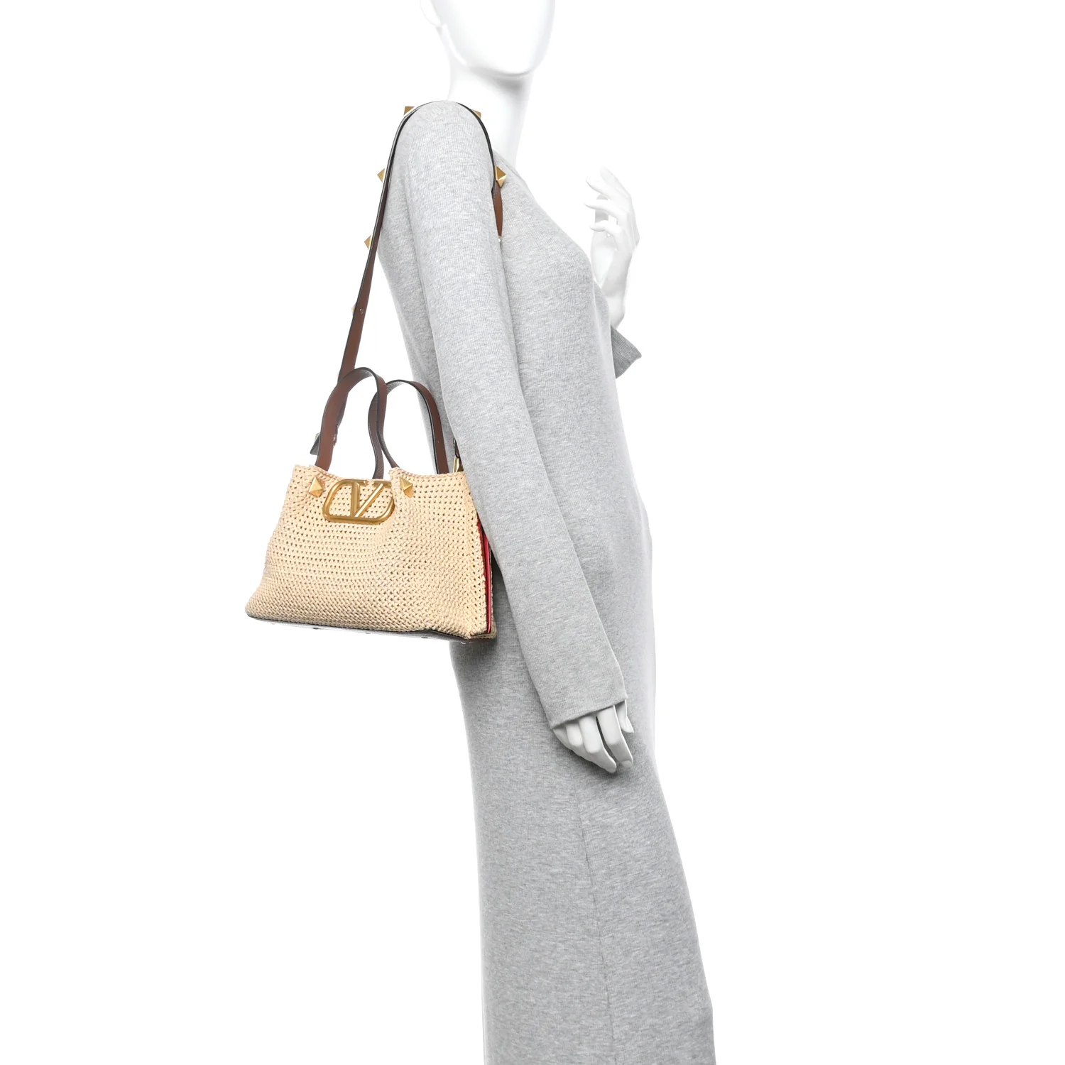 Raffia Grained Calfskin Small Rockstud Vlogo Tote Naturale - Image 2