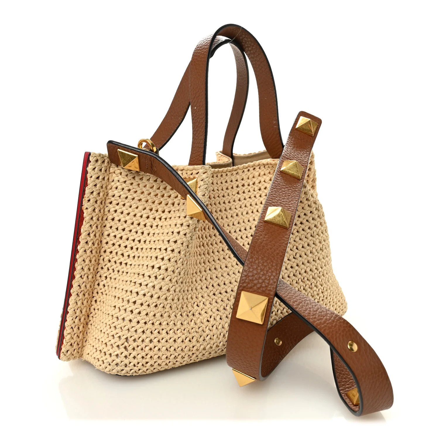 Raffia Grained Calfskin Small Rockstud Vlogo Tote Naturale - Image 3