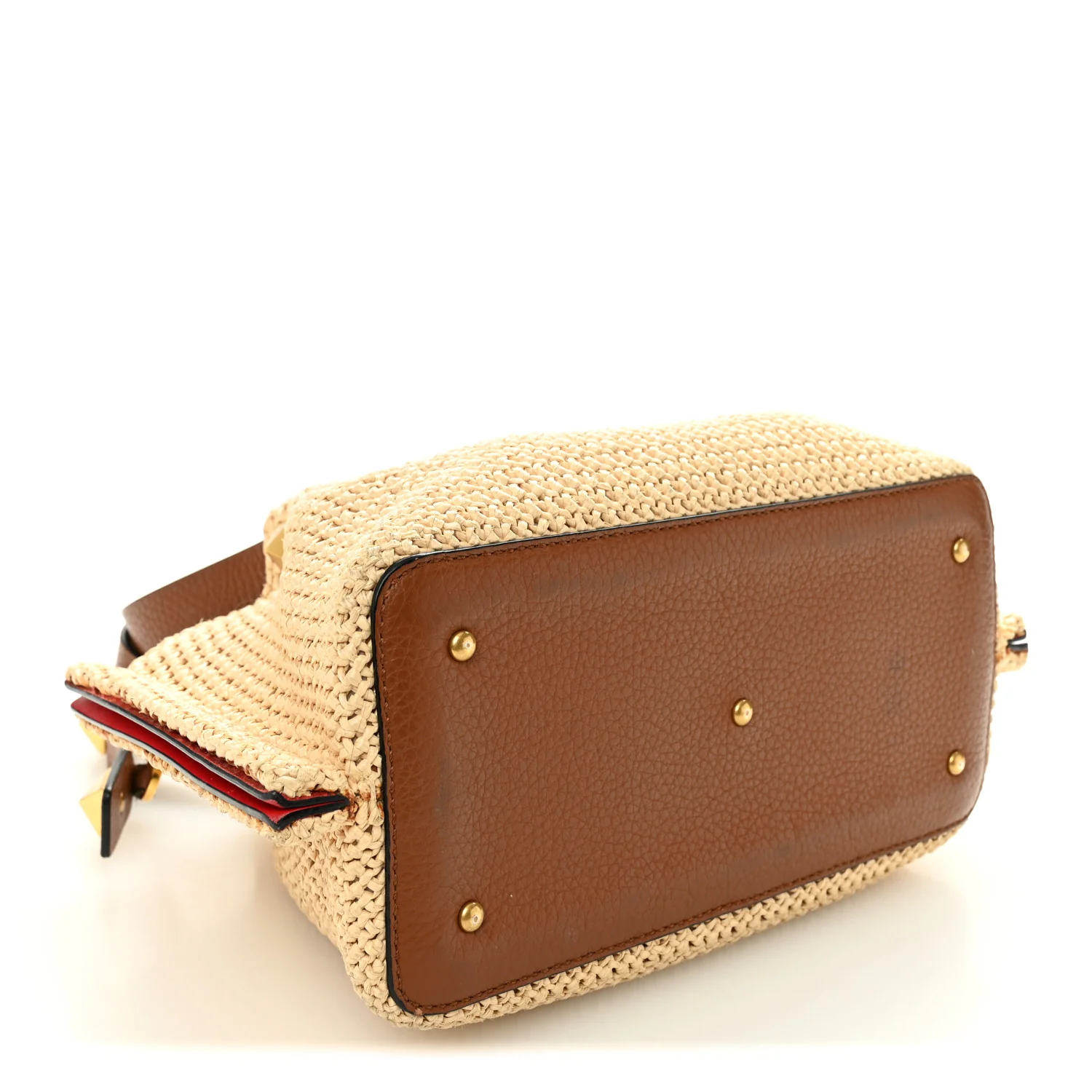 Raffia Grained Calfskin Small Rockstud Vlogo Tote Naturale - Image 4