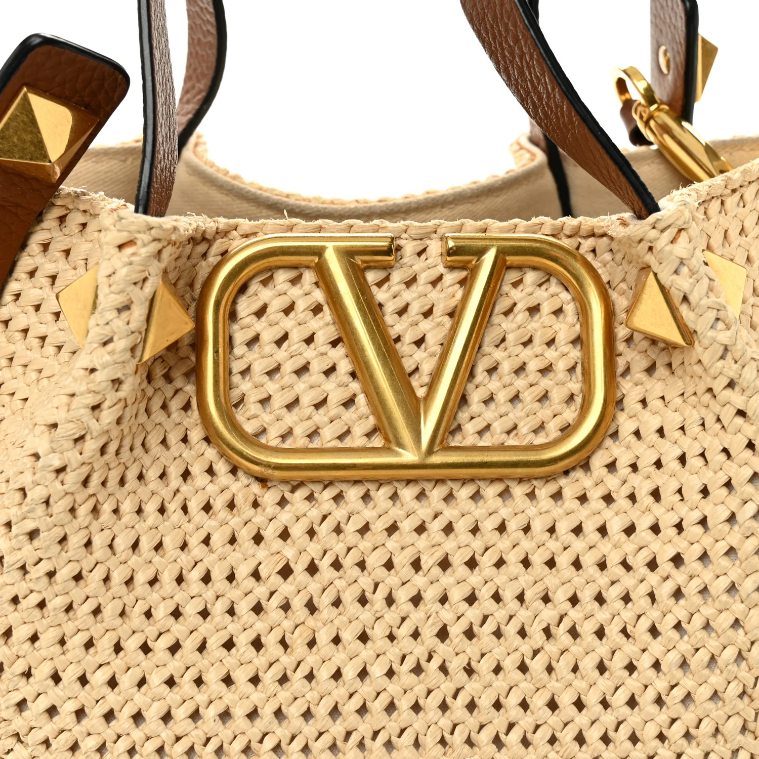 Raffia Grained Calfskin Small Rockstud Vlogo Tote Naturale - Image 7