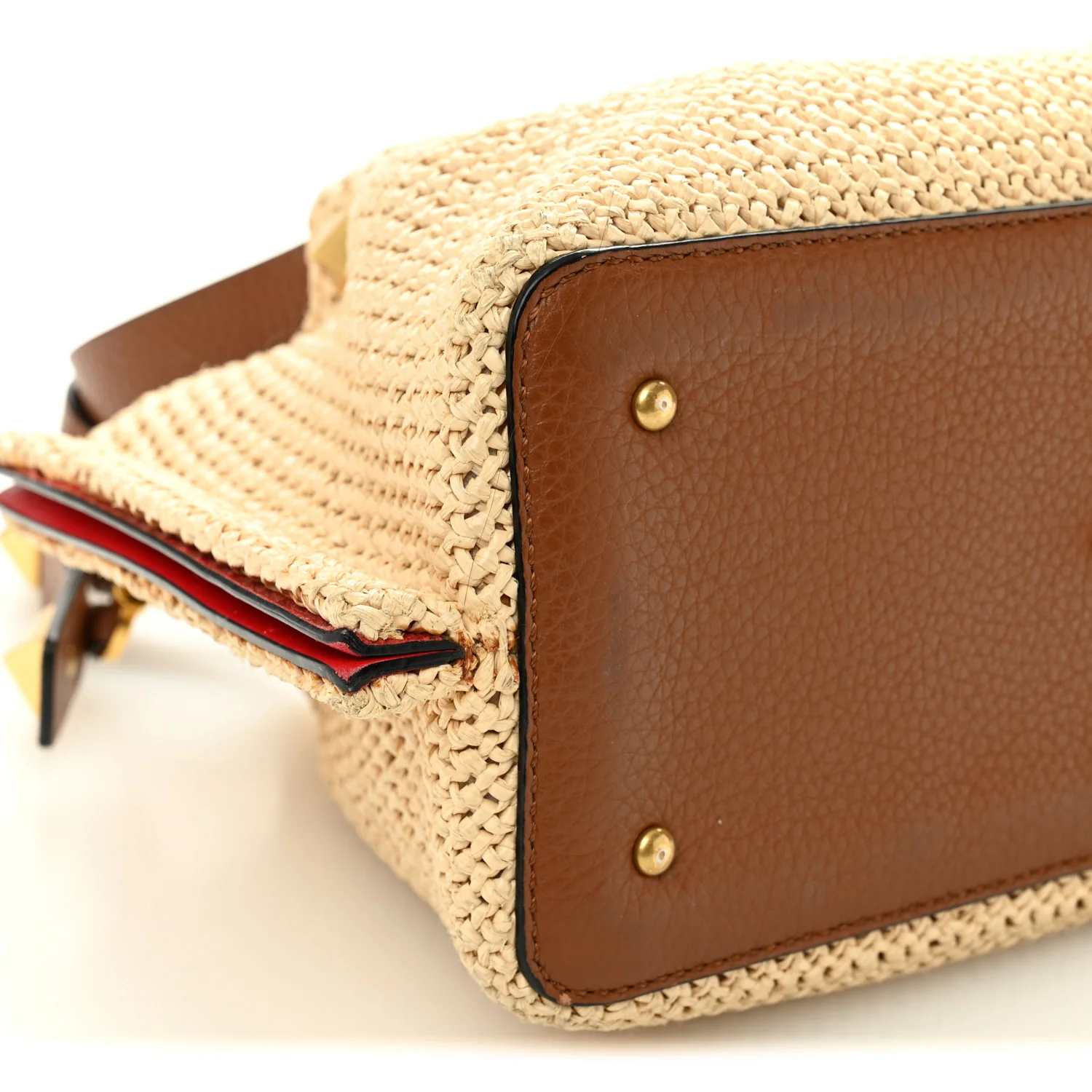 Raffia Grained Calfskin Small Rockstud Vlogo Tote Naturale - Image 8