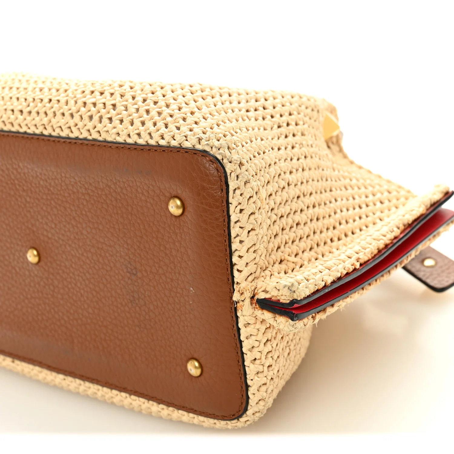 Raffia Grained Calfskin Small Rockstud Vlogo Tote Naturale - Image 9