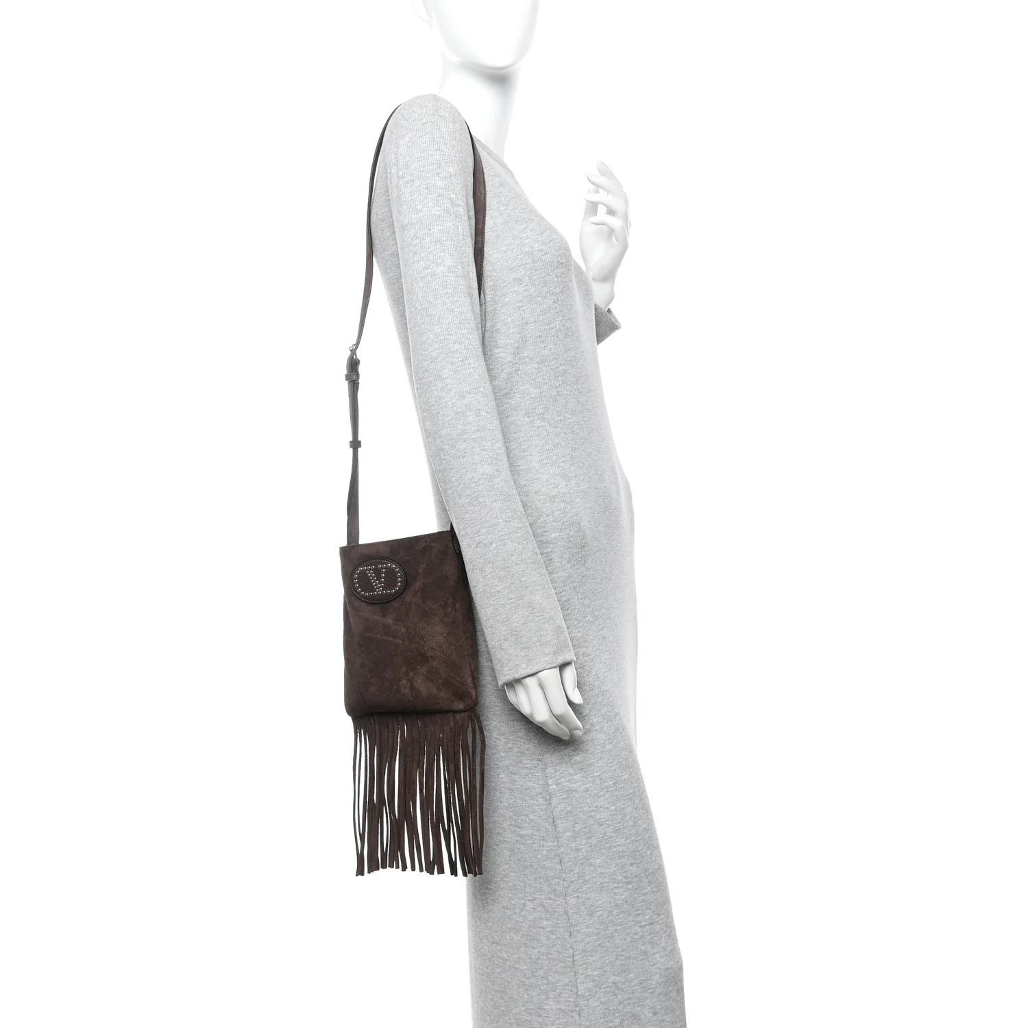 Suede Calfskin Studded Nellcote Fringe Crossbody Bag Brown - Image 2