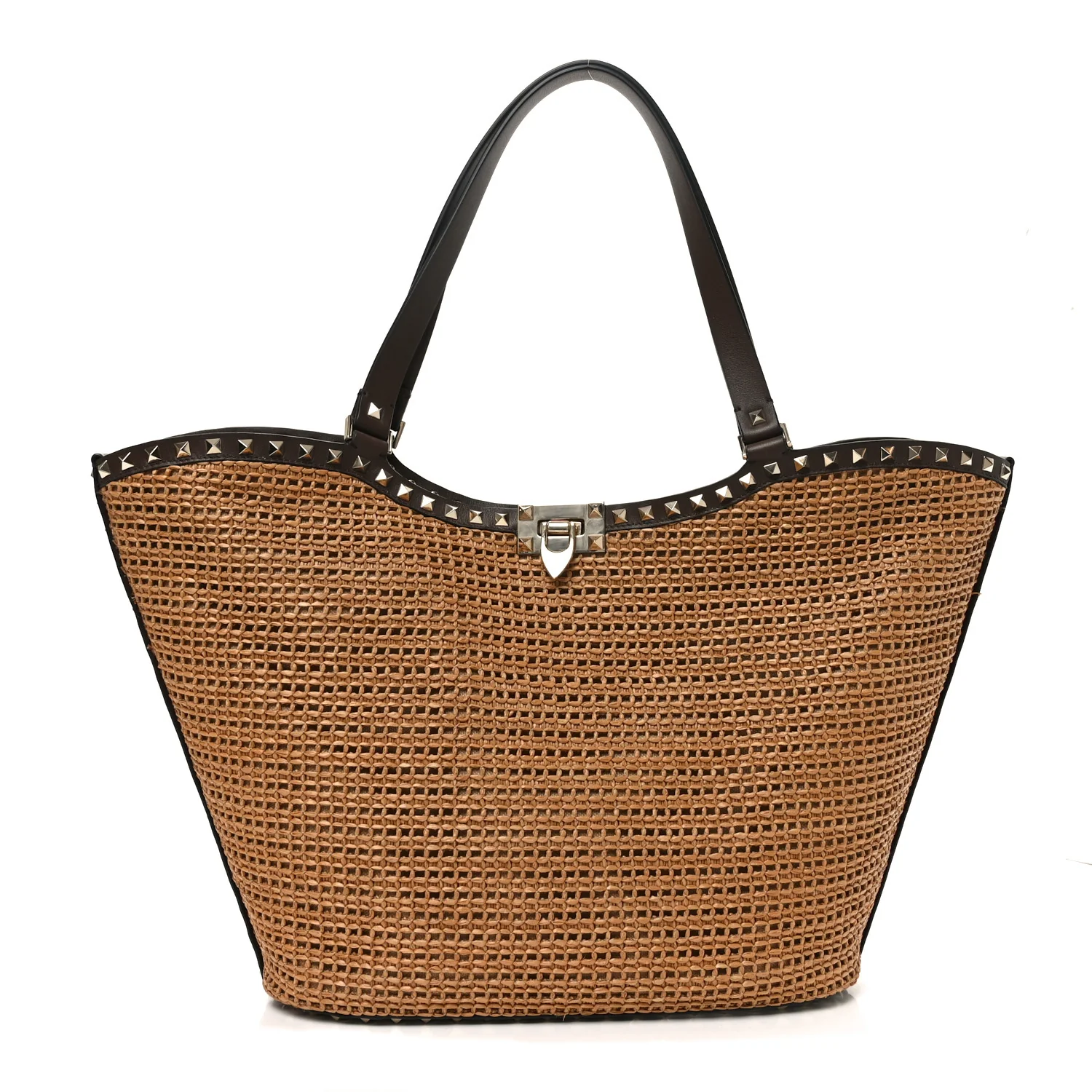Synthetic Raffia Calfskin Rockstud Garden Tote Bag Tobacco Cacao