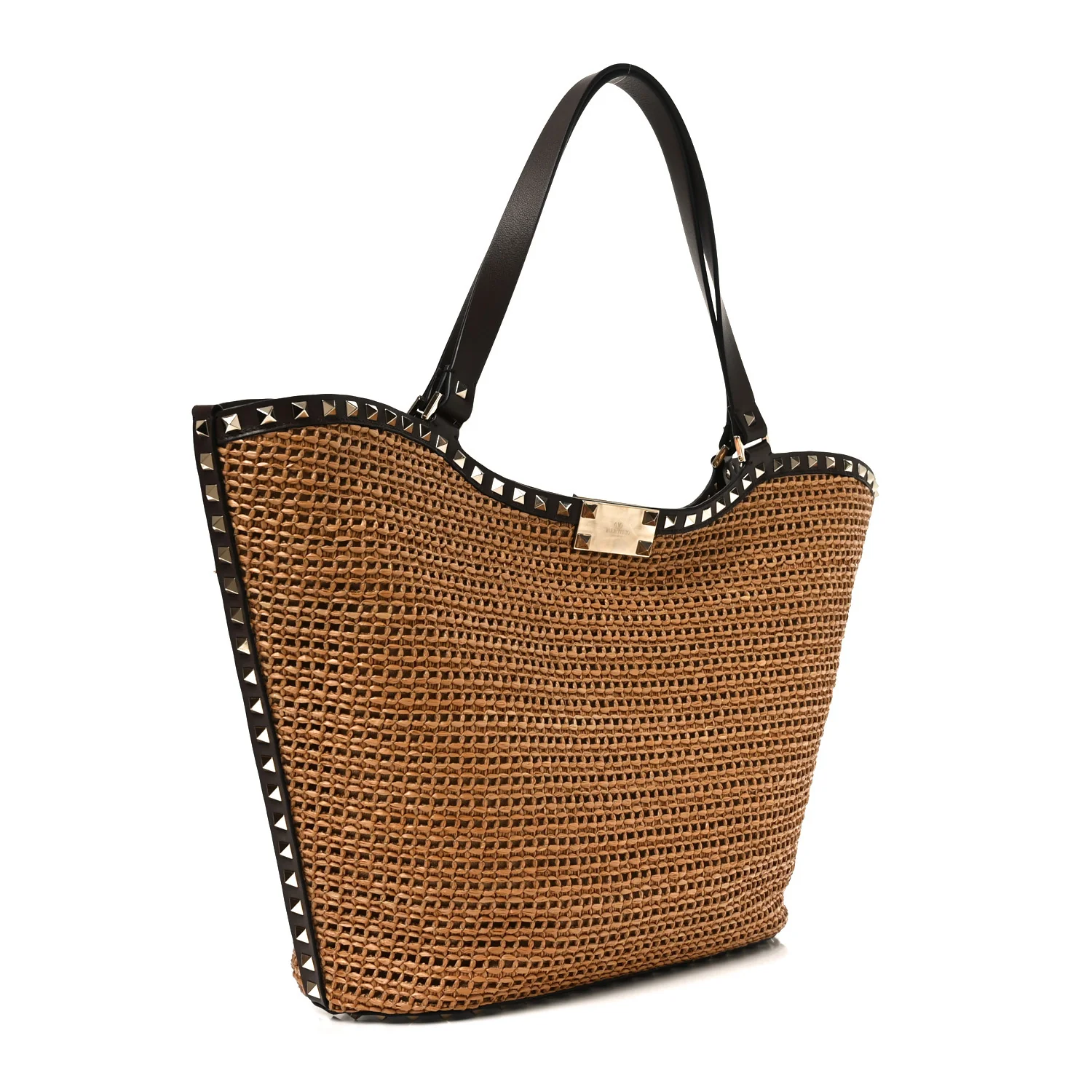 Synthetic Raffia Calfskin Rockstud Garden Tote Bag Tobacco Cacao - Image 3