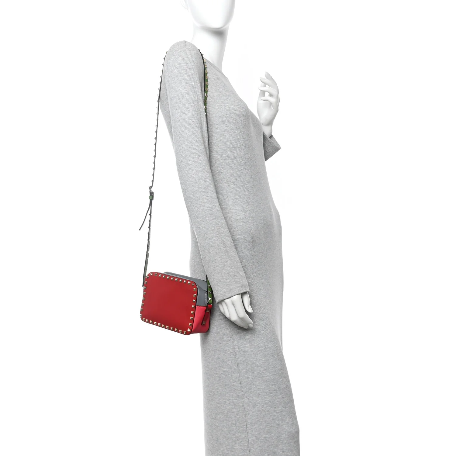 Vitello Colorblock Rockstud Camera Crossbody Bag Deep Rose Clover - Image 2