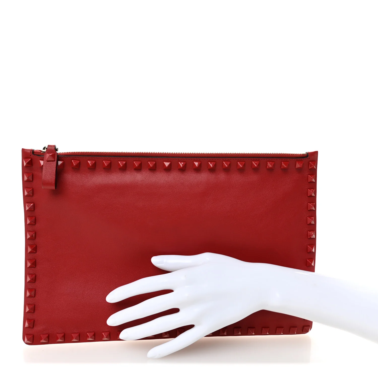Vitello Monochrome Large Rockstud Zip Pouch Red - Image 2