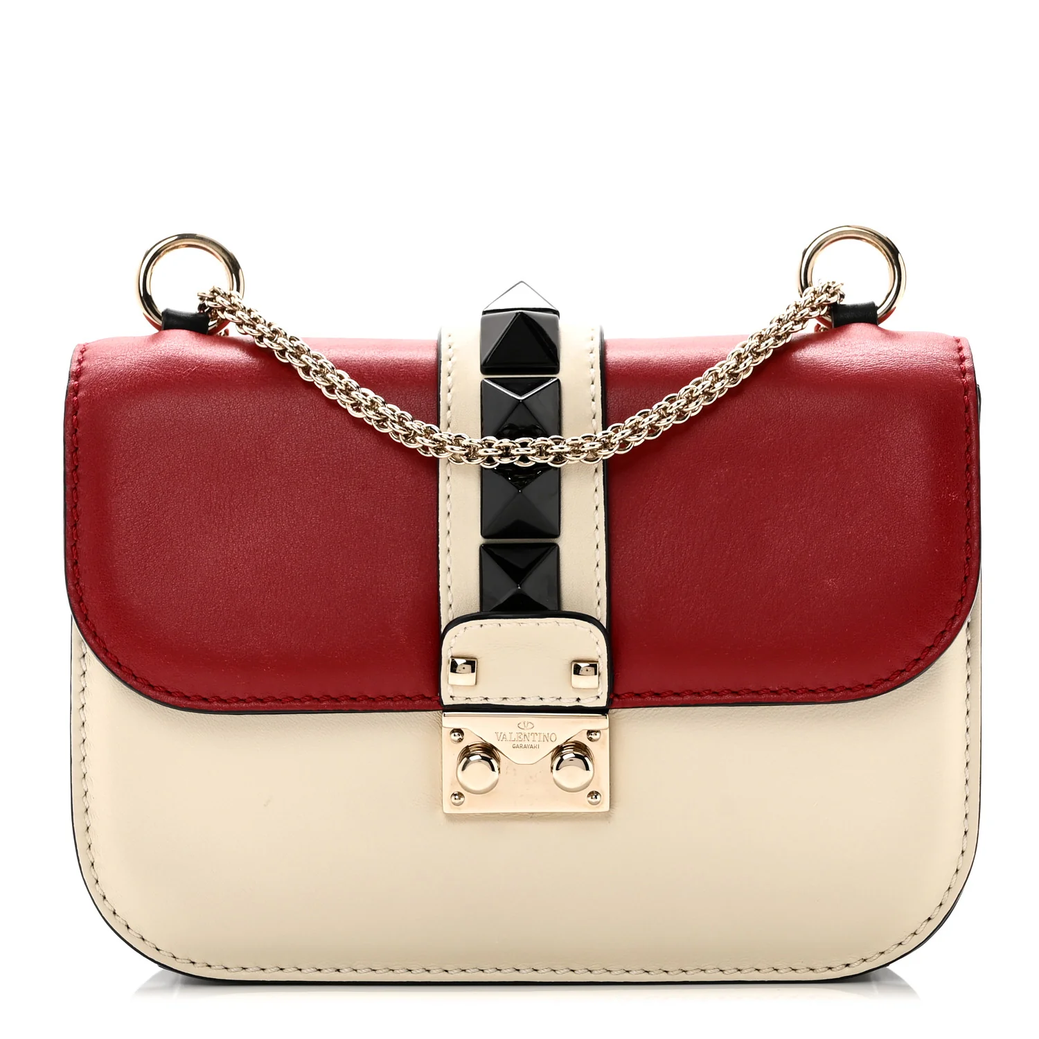 Vitello Small Glam Lock Rockstud Flap Red Ivory Black