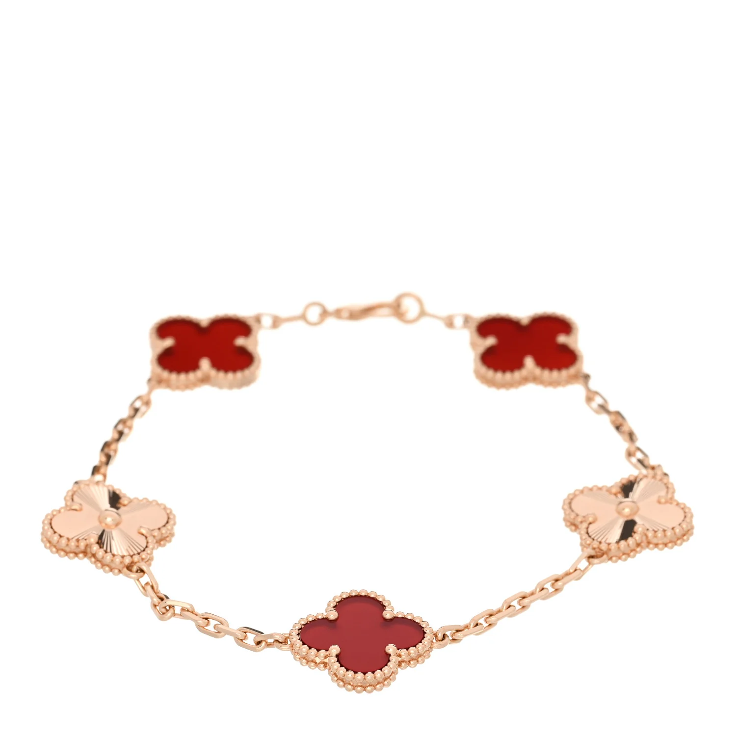 18K Rose Gold Carnelian 5 Motifs Guilloche Vintage Alhambra Bracelet