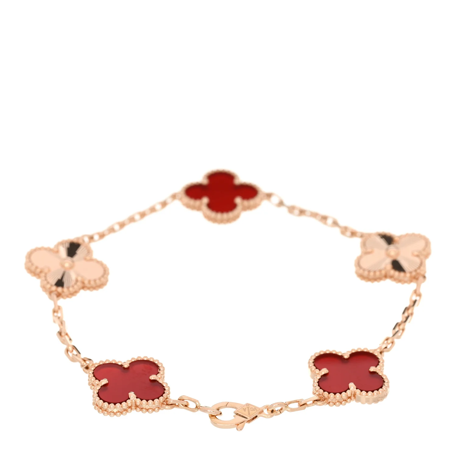 18K Rose Gold Carnelian 5 Motifs Guilloche Vintage Alhambra Bracelet - Image 2