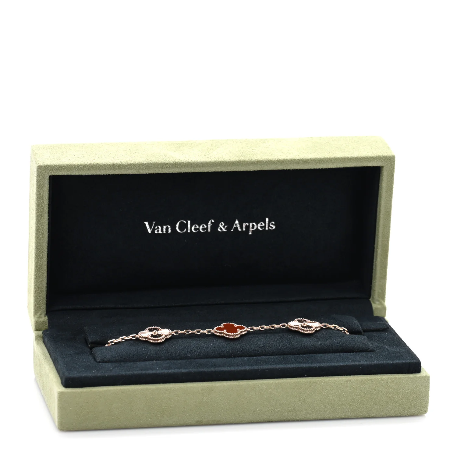 18K Rose Gold Carnelian 5 Motifs Guilloche Vintage Alhambra Bracelet - Image 4