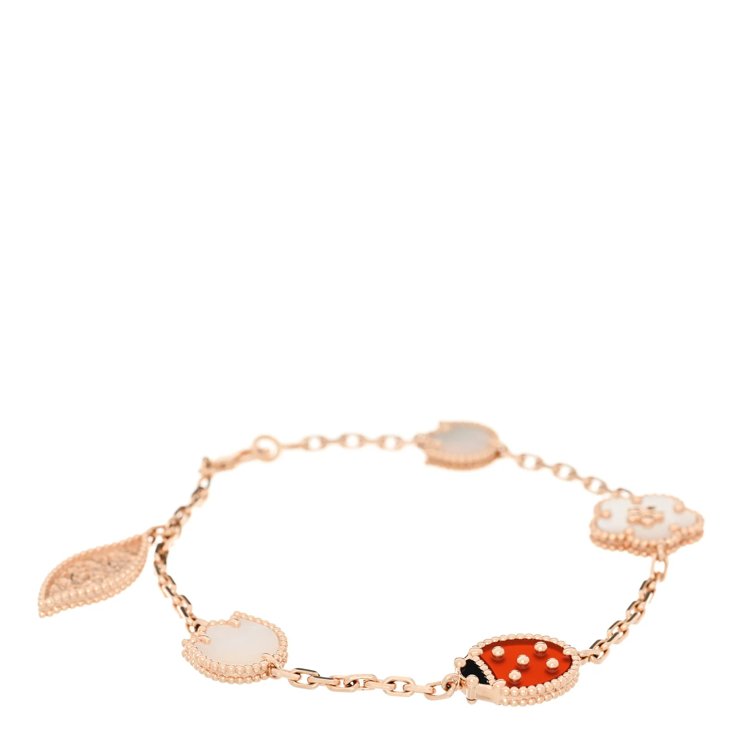 18K Rose Gold Carnelian Mother of Pearl Onyx 5 Motifs Lucky Spring Bracelet