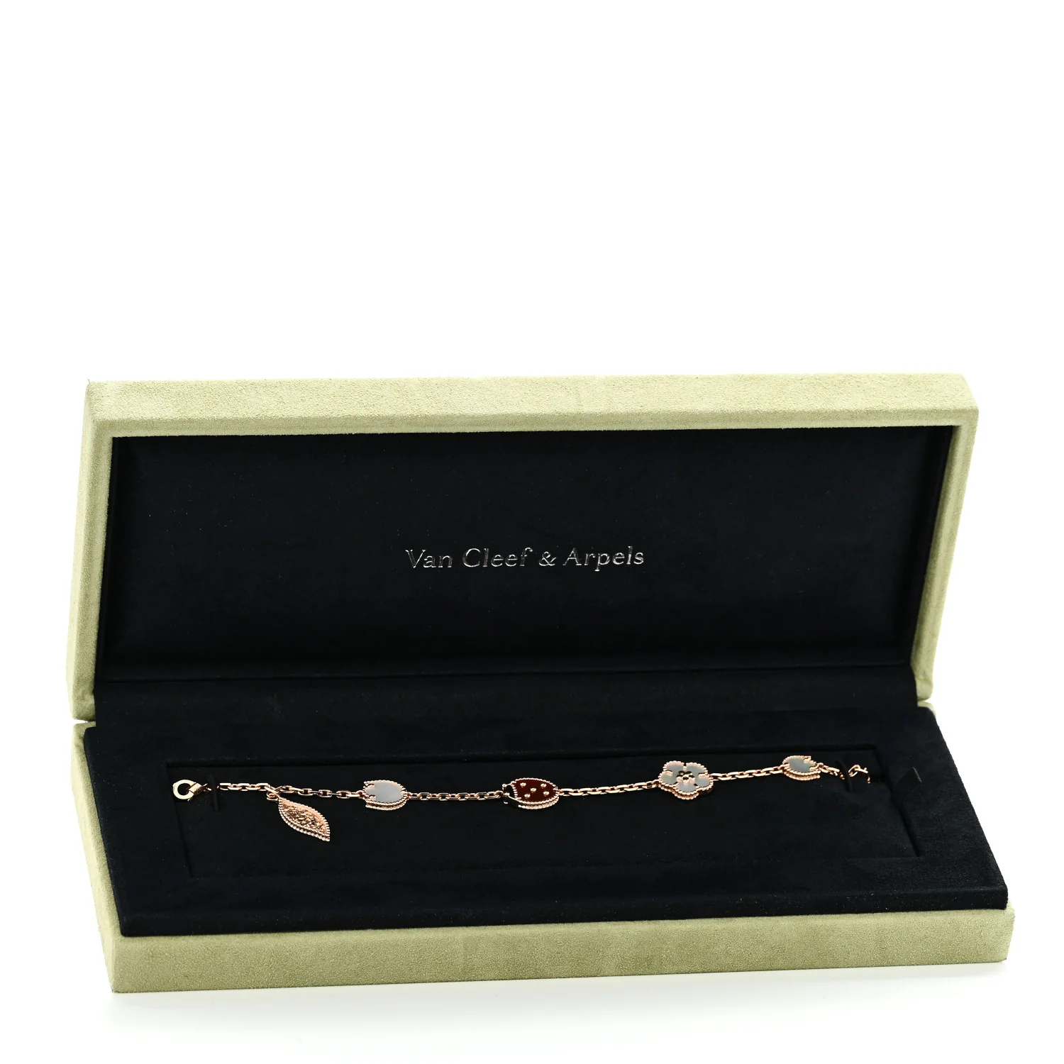 18K Rose Gold Carnelian Mother of Pearl Onyx 5 Motifs Lucky Spring Bracelet - Image 5
