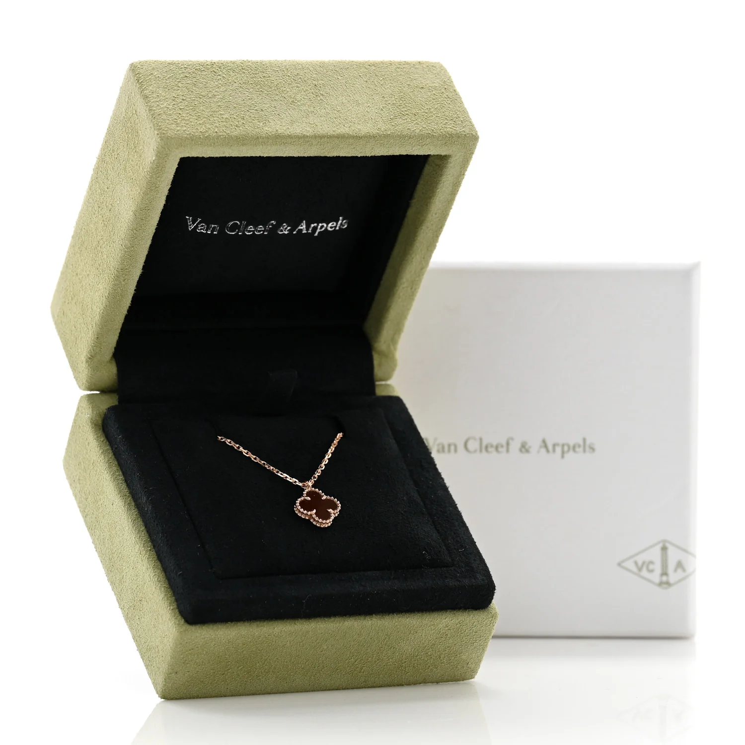 18K Rose Gold Carnelian Sweet Alhambra Pendant Necklace - Image 7