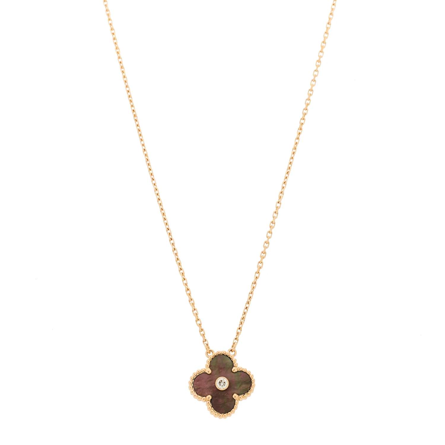 18K Rose Gold Diamond Grey Mother of Pearl Vintage Alhambra Pendant Necklace