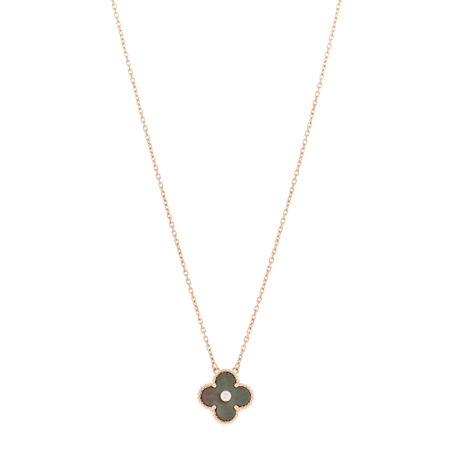 18K Rose Gold Diamond Grey Mother of Pearl Vintage Alhambra Pendant Necklace