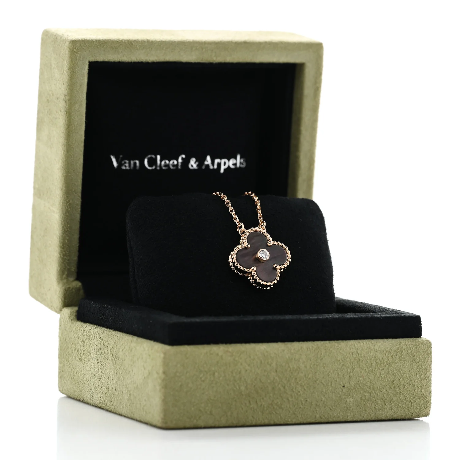18K Rose Gold Diamond Grey Mother of Pearl Vintage Alhambra Pendant Necklace - Image 6