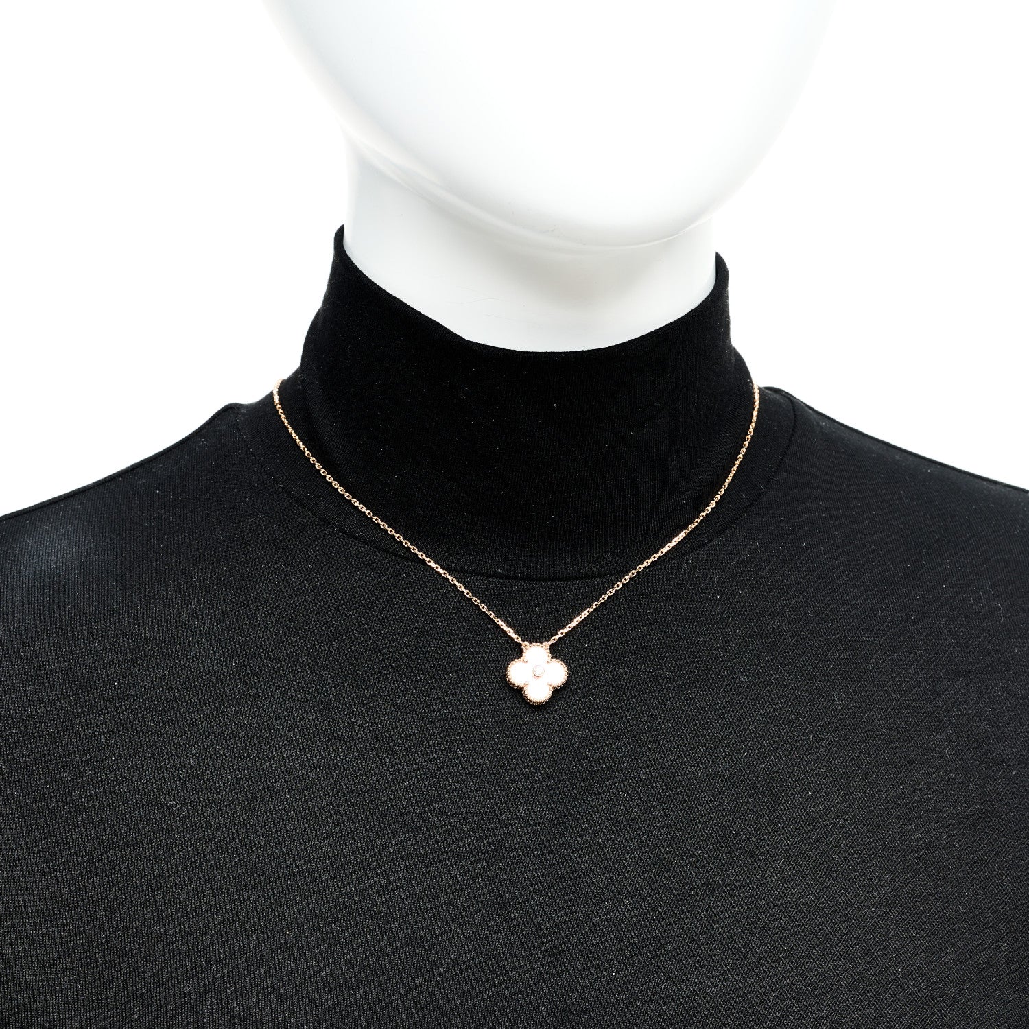 18K Rose Gold Diamond Pink Mother of Pearl Vintage Alhambra Pendant Necklace - Image 2