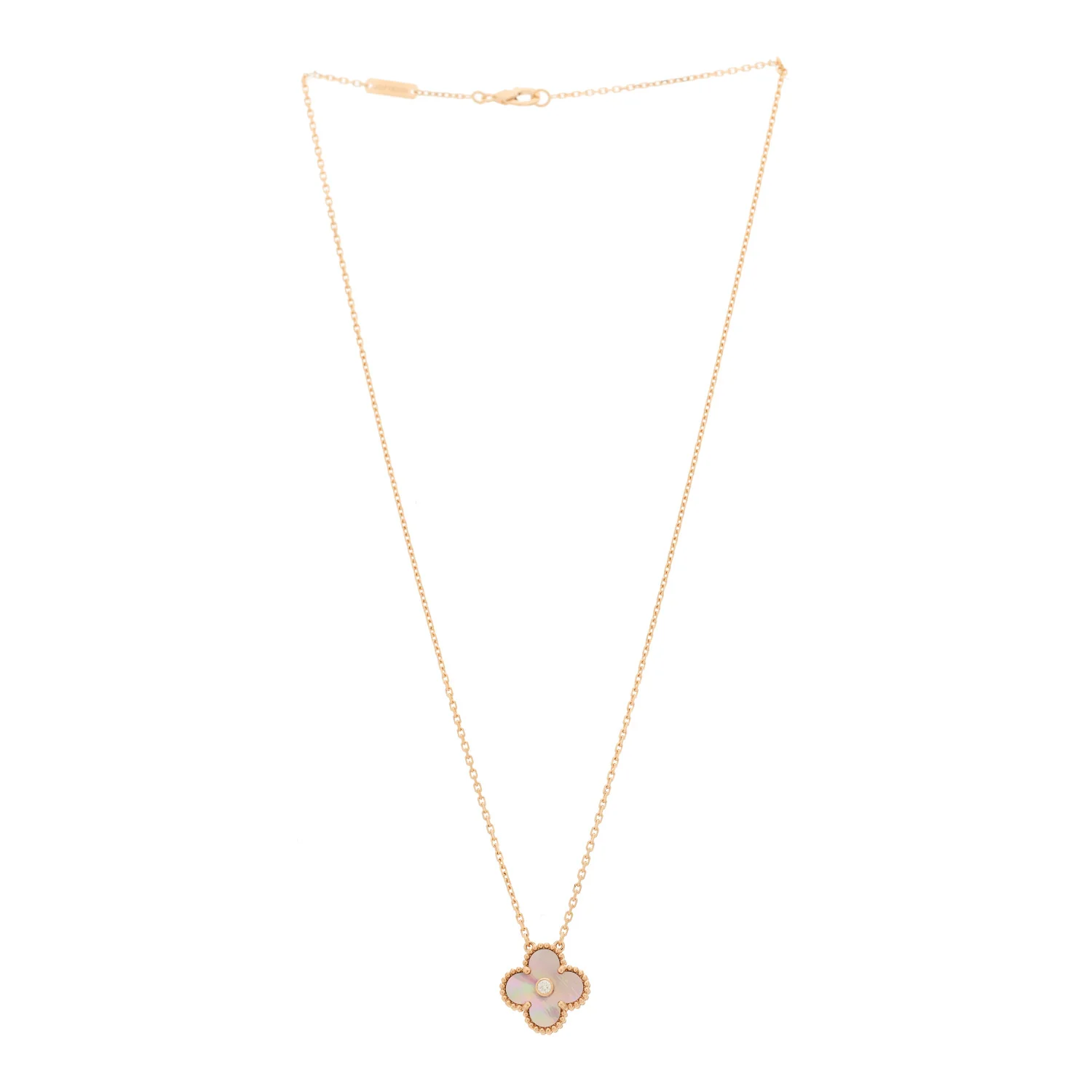 18K Rose Gold Diamond Pink Mother of Pearl Vintage Alhambra Pendant Necklace - Image 3