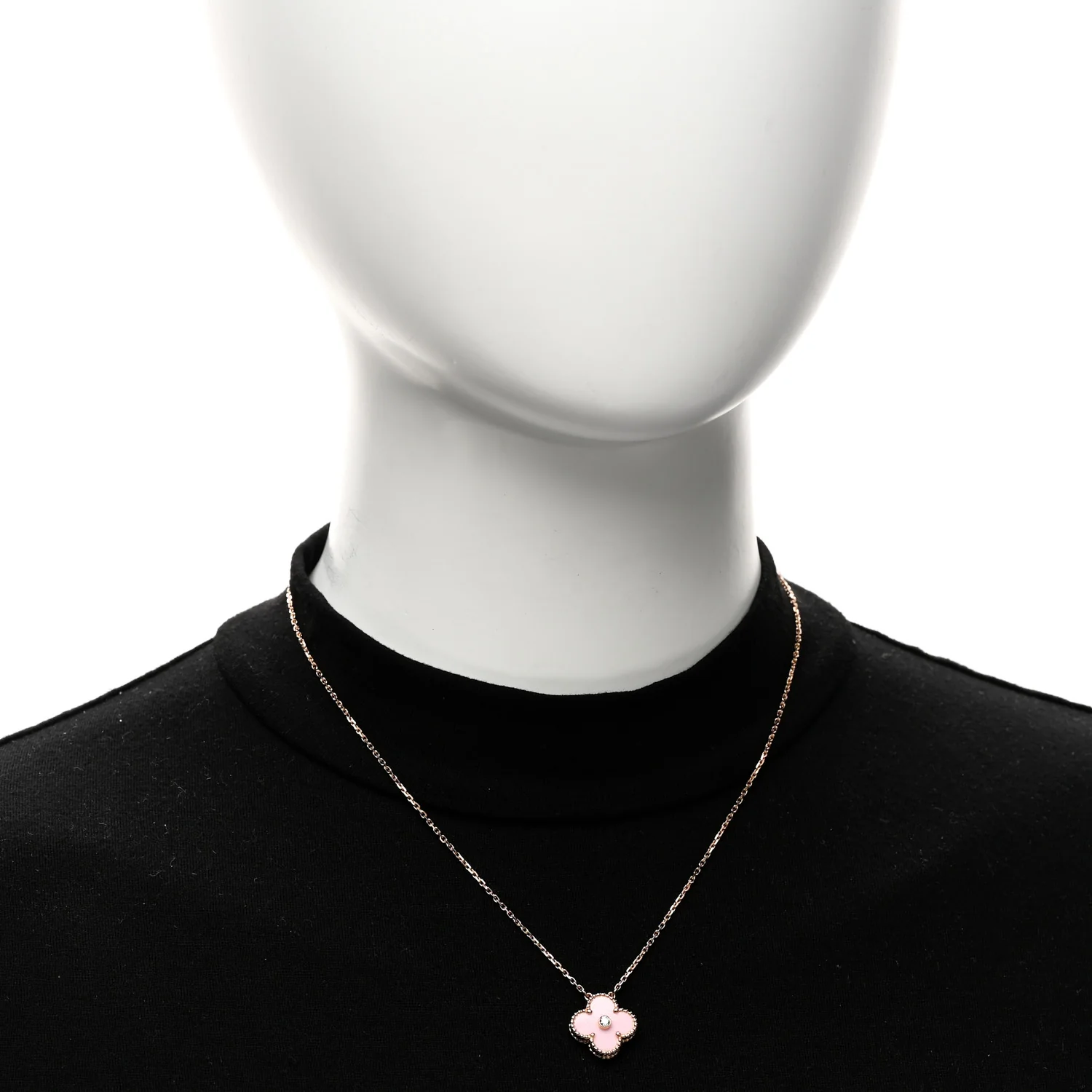 18K Rose Gold Diamond Pink Porcelain Vintage Alhambra Pendant Necklace - Image 2