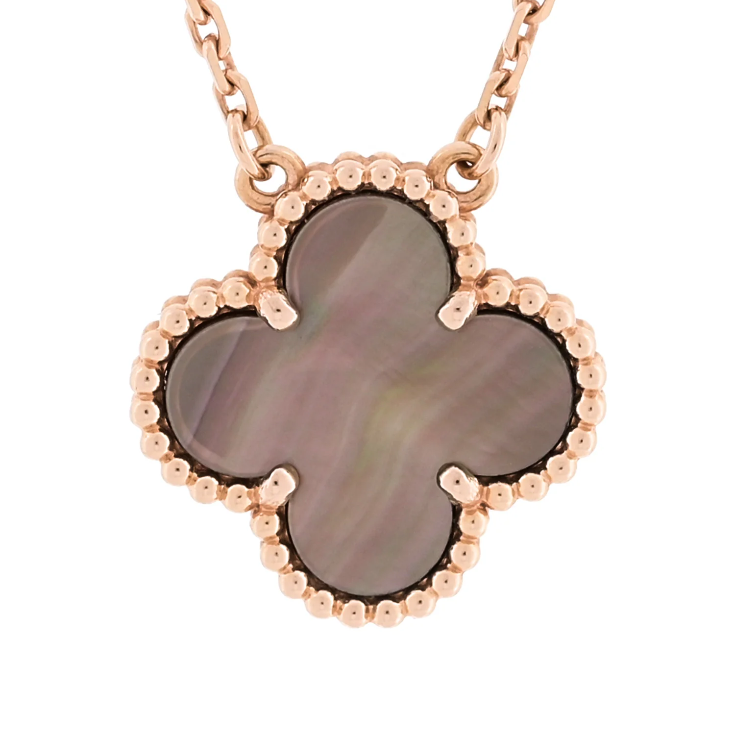 18K Rose Gold Gray Mother of Pearl Vintage Alhambra Pendant Necklace - Image 4