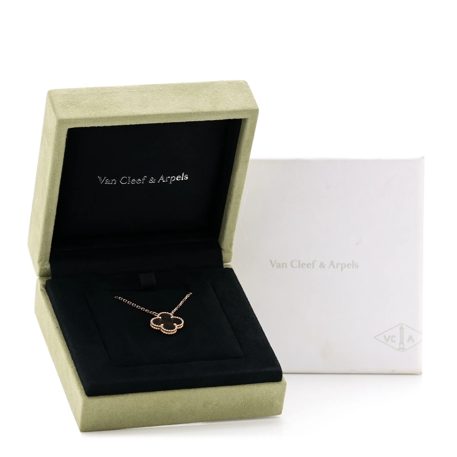 18K Rose Gold Gray Mother of Pearl Vintage Alhambra Pendant Necklace - Image 7