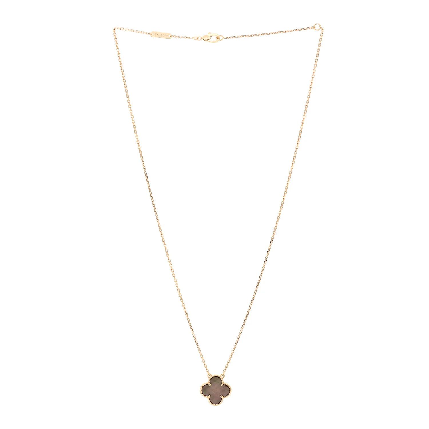 18K Rose Gold Gray Mother of Pearl Vintage Alhambra Pendant Necklace - Image 3