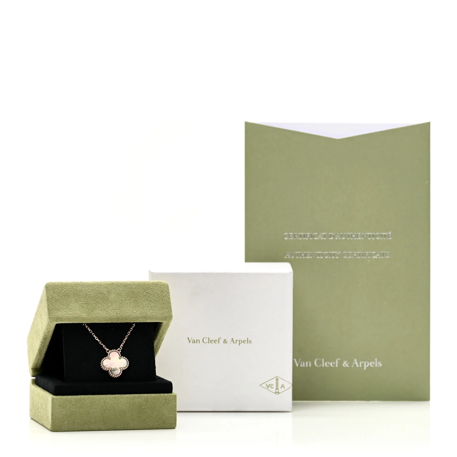 18K Rose Gold Gray Mother of Pearl Vintage Alhambra Pendant Necklace - Image 6