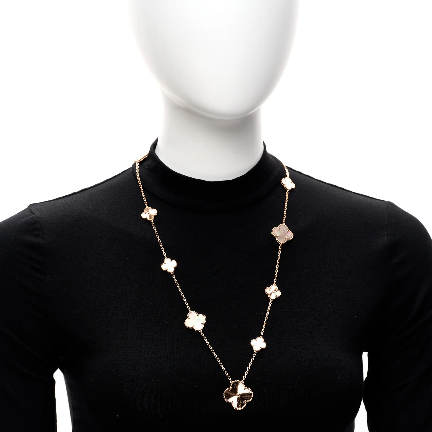 18K Rose Gold Mother of Pearl 15 Motifs Magic Alhambra Transformable Long Necklace - Image 2