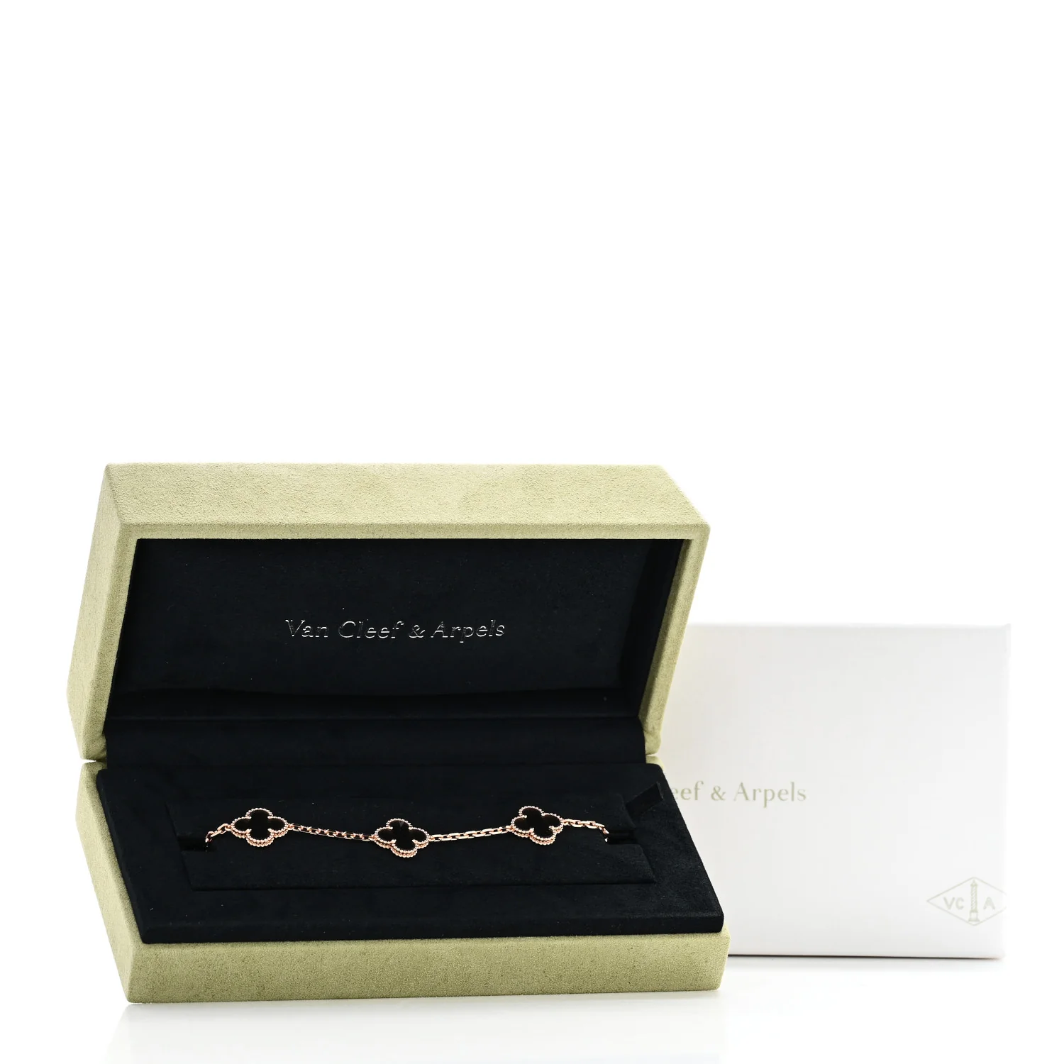 18K Rose Gold Silver Obsidian 5 Motifs Vintage Alhambra Bracelet - Image 5