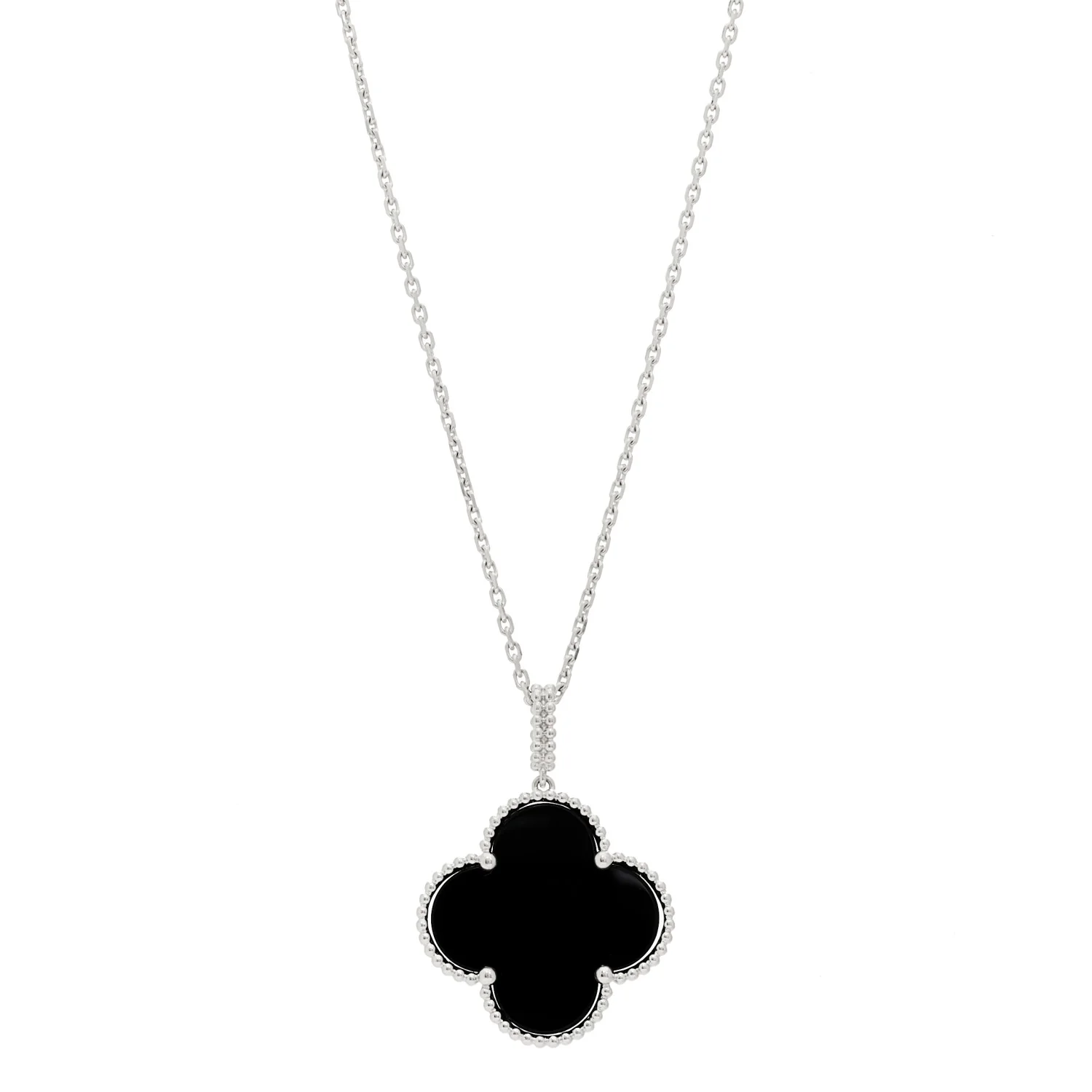 18K White Gold Black Onyx Magic Alhambra Pendant Necklace