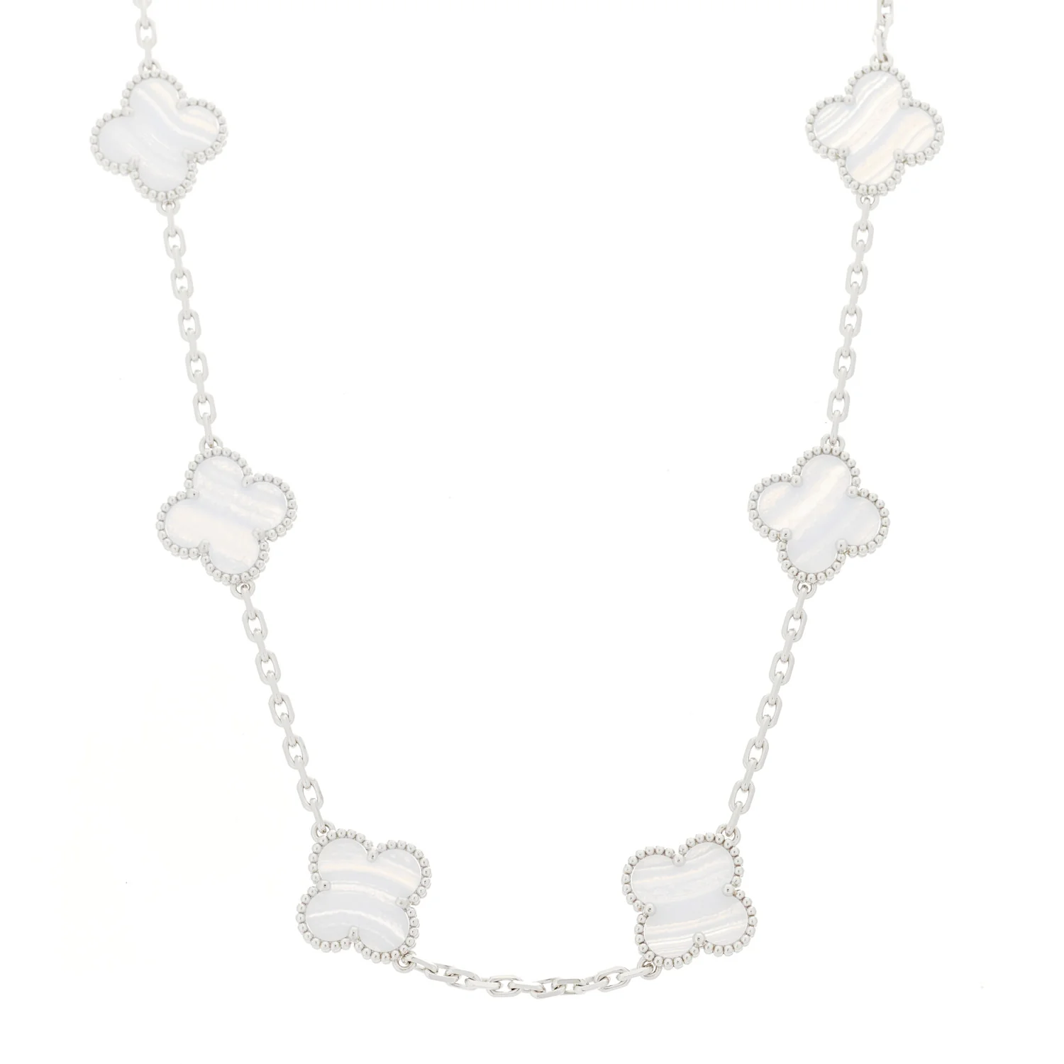 18K White Gold Chalcedony 10 Motifs Vintage Alhambra Necklace