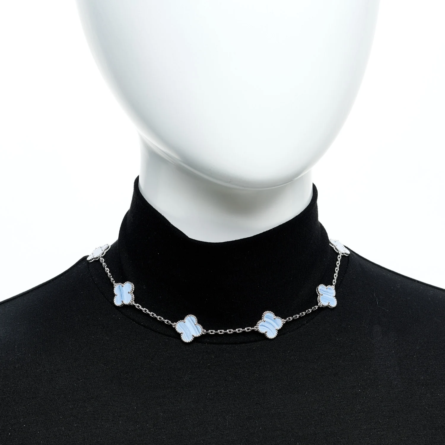 18K White Gold Chalcedony 10 Motifs Vintage Alhambra Necklace - Image 2