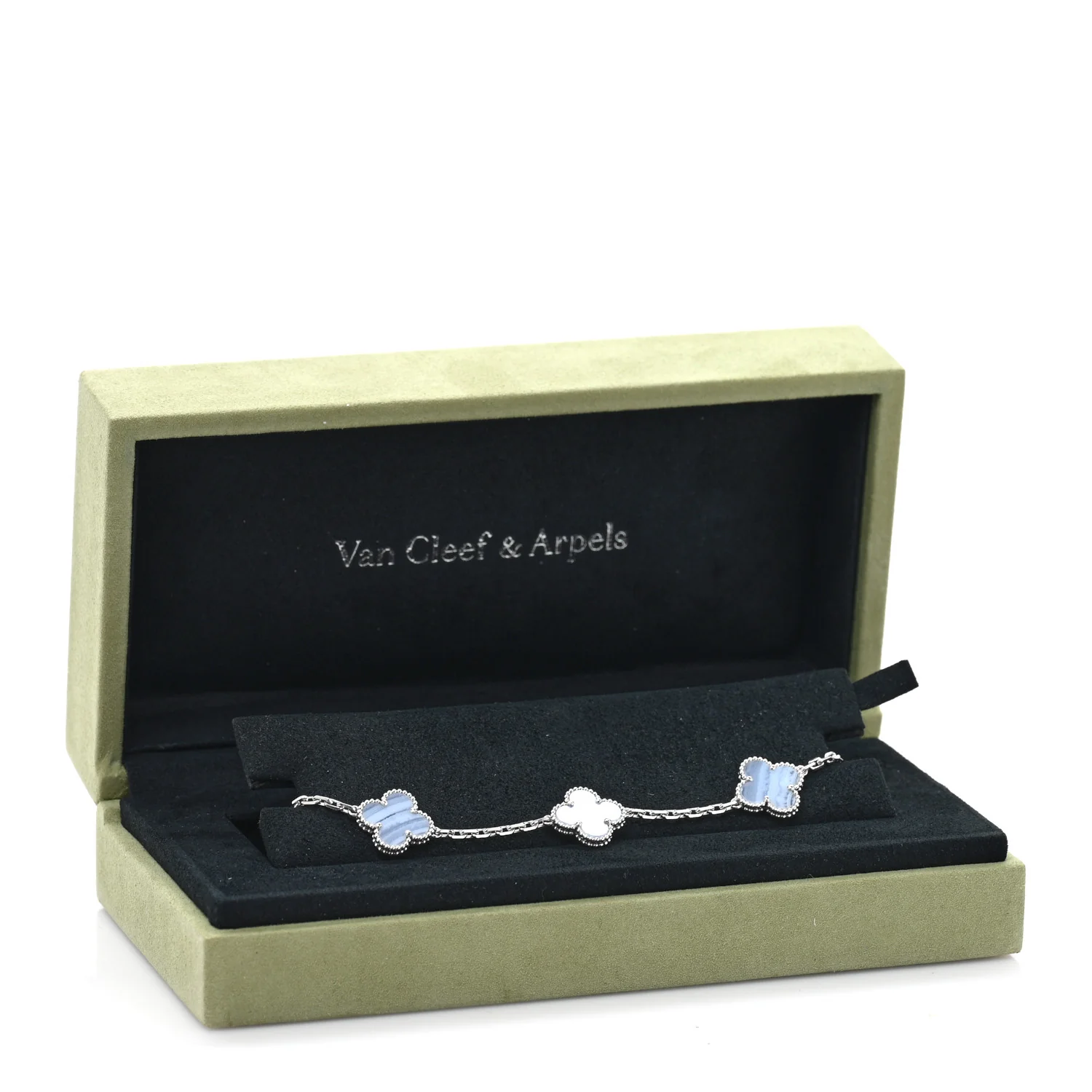 18K White Gold Chalcedony 5 Motifs Vintage Alhambra Bracelet - Image 4