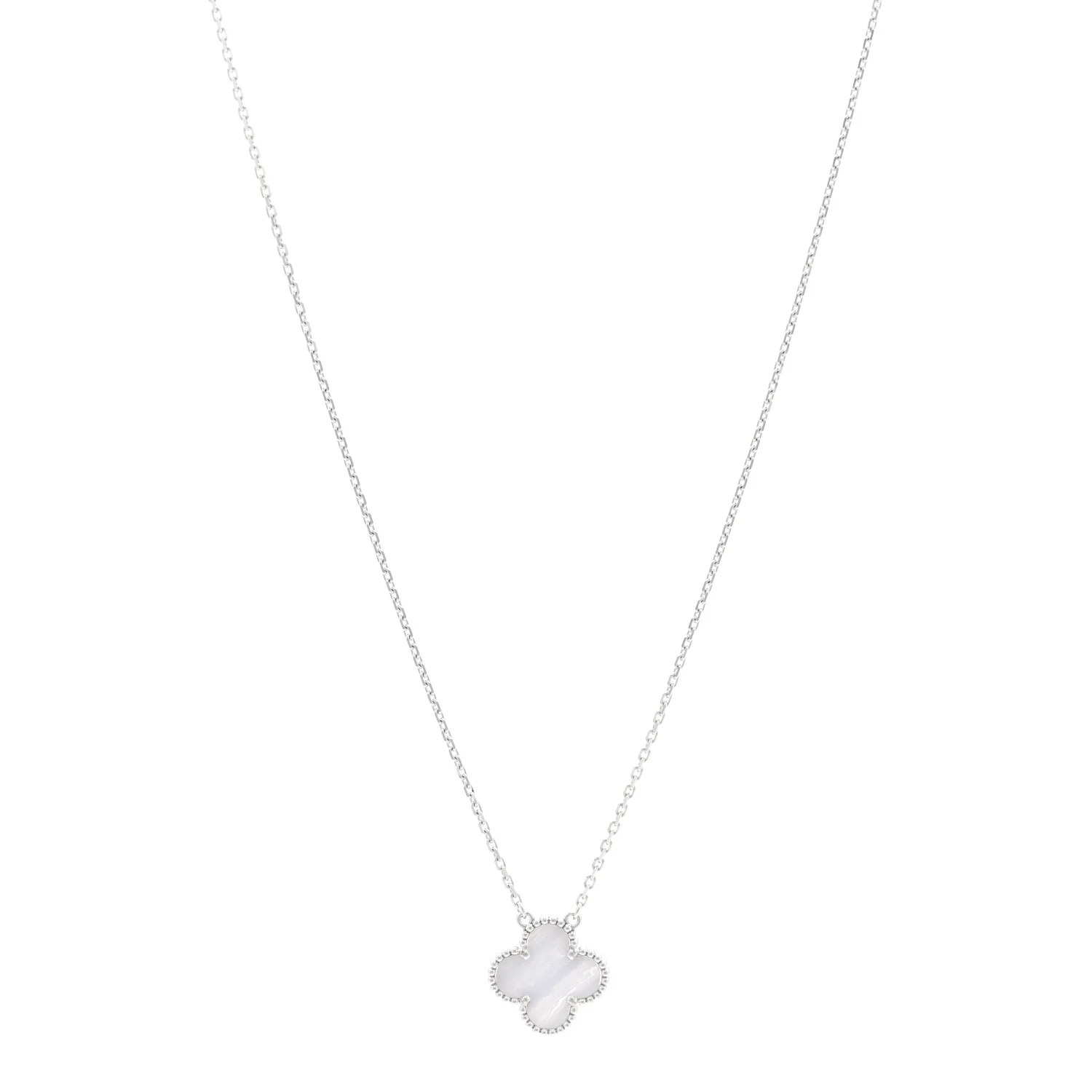 18K White Gold Chalcedony Vintage Alhambra Pendant Necklace