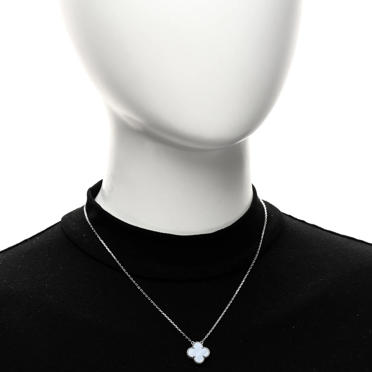 18K White Gold Chalcedony Vintage Alhambra Pendant Necklace - Image 2