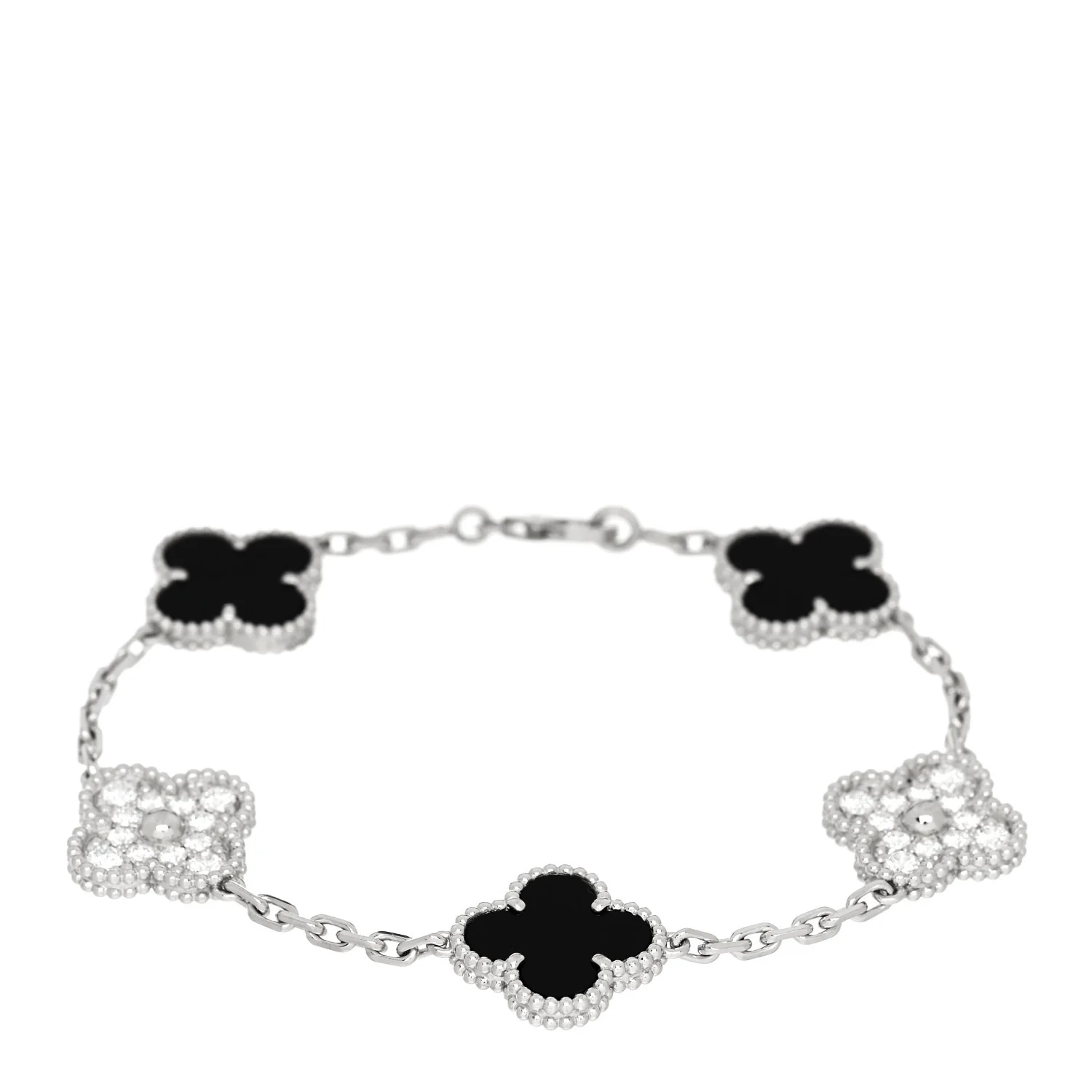 18K White Gold Diamond Black Onyx 5 Motifs Vintage Alhambra Bracelet