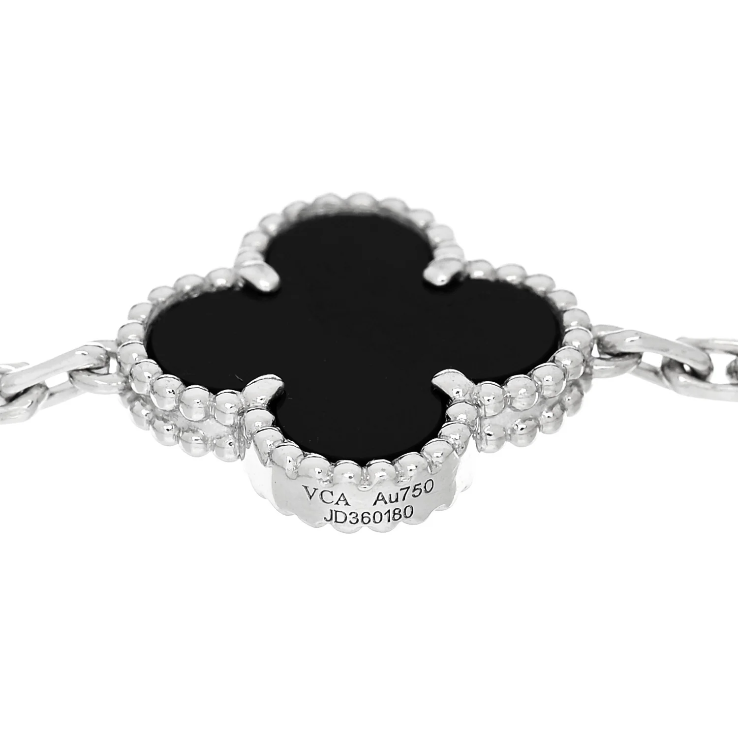 18K White Gold Diamond Black Onyx 5 Motifs Vintage Alhambra Bracelet - Image 3