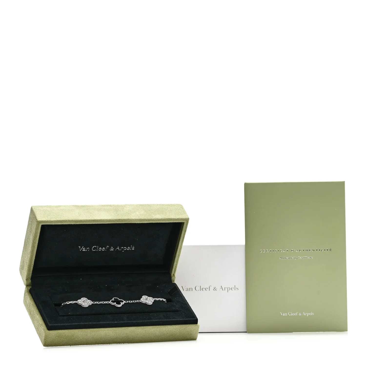 18K White Gold Diamond Black Onyx 5 Motifs Vintage Alhambra Bracelet - Image 5