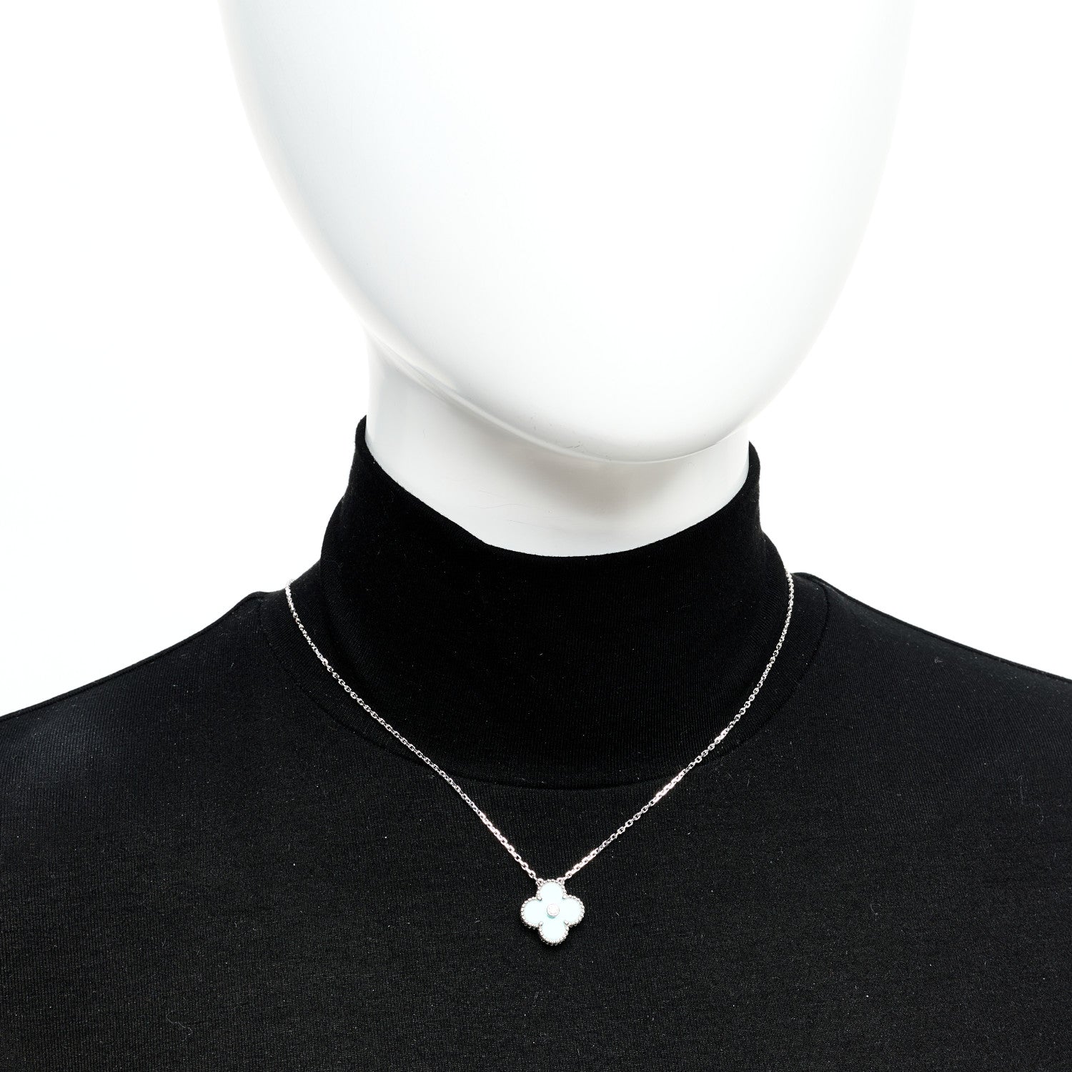 18K White Gold Diamond Celadon Green Sevres Porcelain Vintage Alhambra Pendant Necklace - Image 2