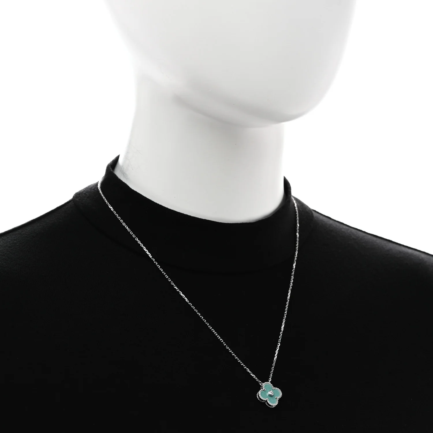 18K White Gold Diamond Celadon Green Sevres Porcelain Vintage Alhambra Pendant Necklace - Image 2