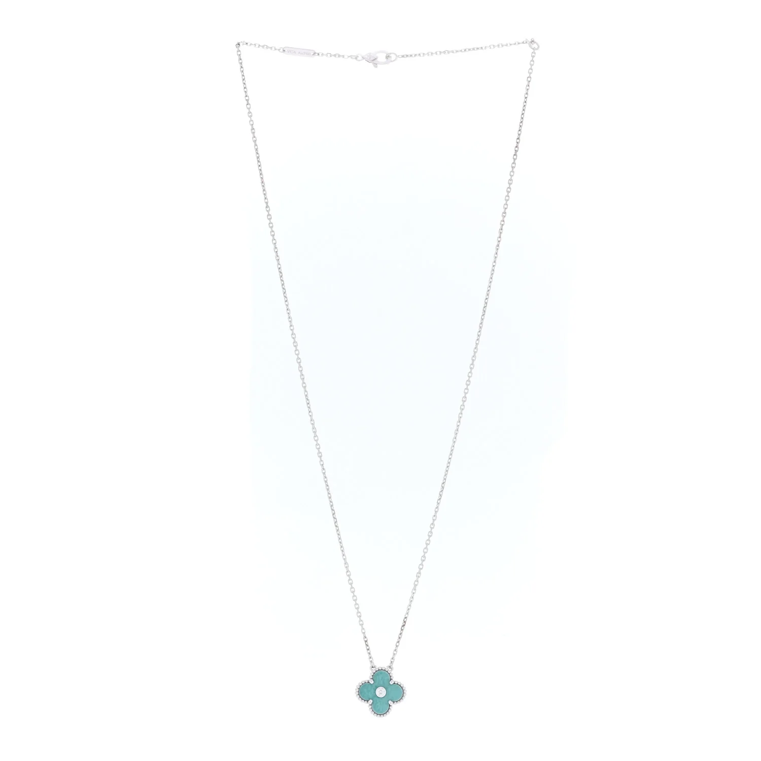 18K White Gold Diamond Celadon Green Sevres Porcelain Vintage Alhambra Pendant Necklace - Image 3
