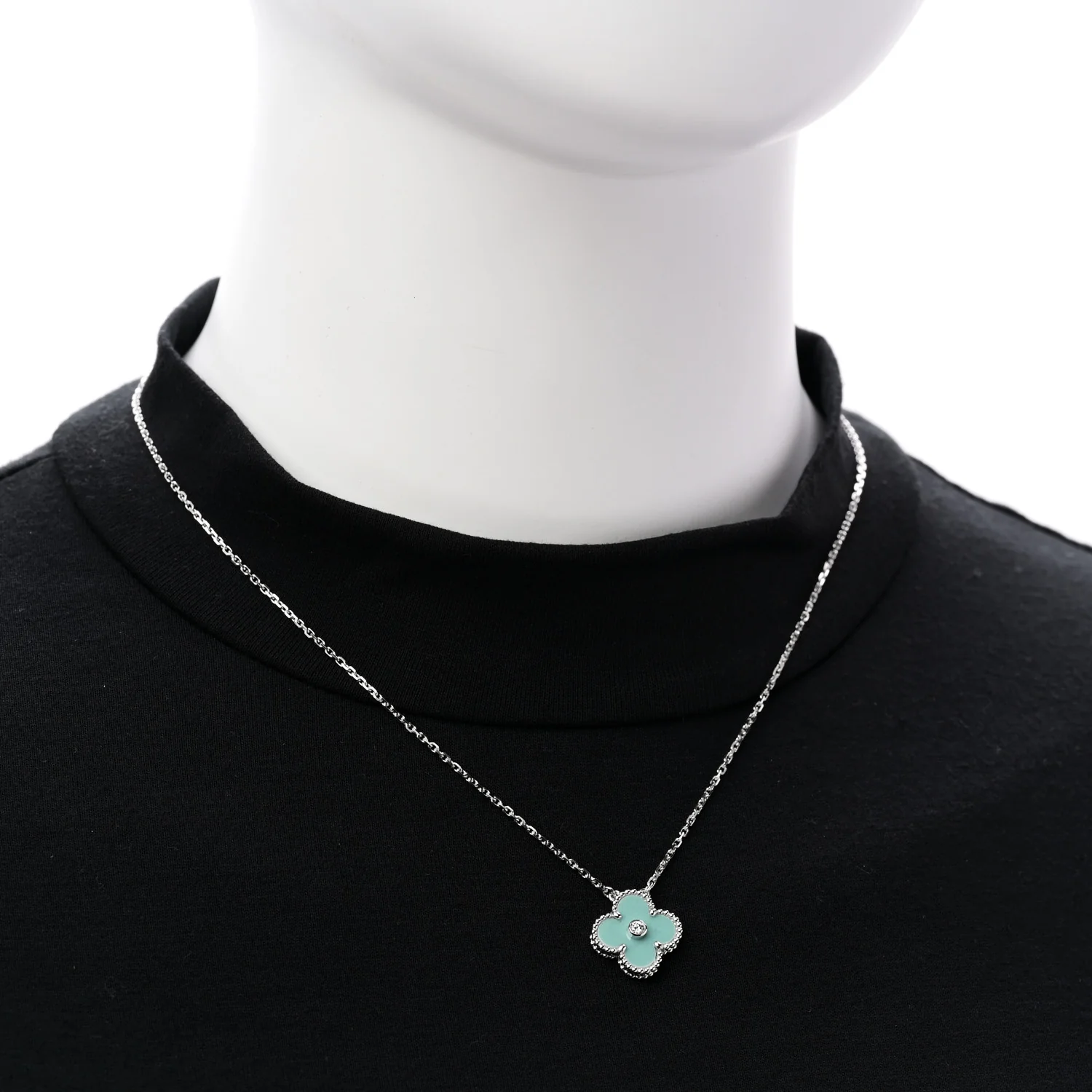 18K White Gold Diamond Celadon Green Sevres Porcelain Vintage Alhambra Pendant Necklace - Image 2