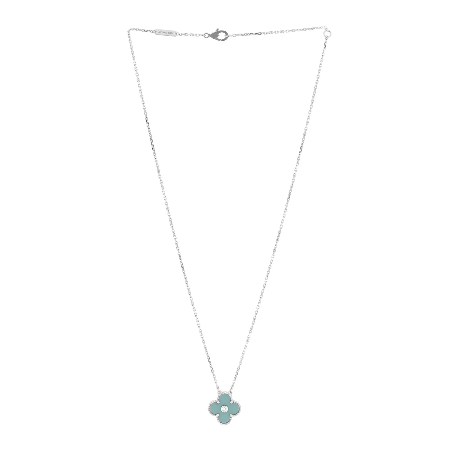 18K White Gold Diamond Celadon Green Sevres Porcelain Vintage Alhambra Pendant Necklace - Image 3