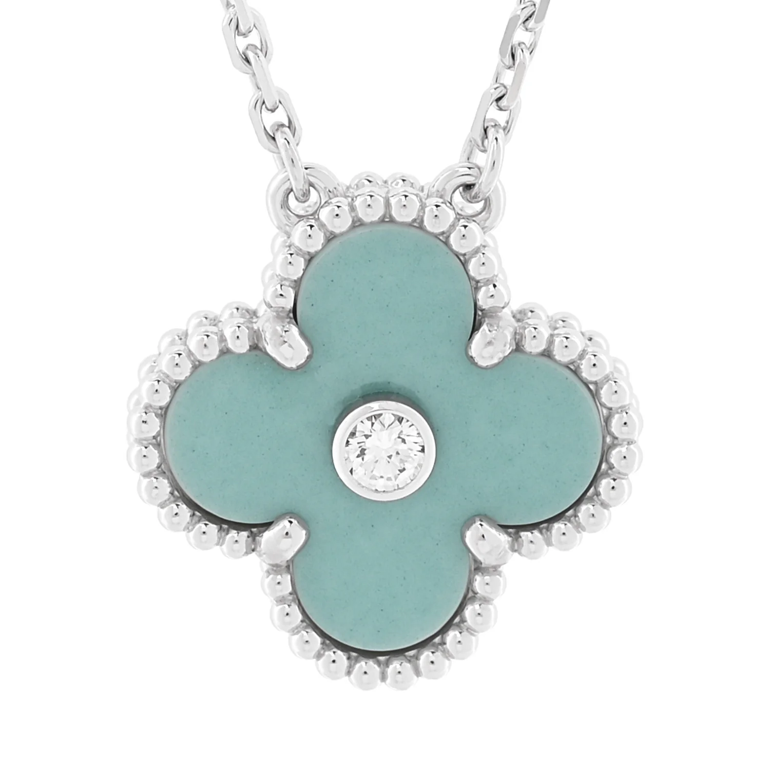 18K White Gold Diamond Celadon Green Sevres Porcelain Vintage Alhambra Pendant Necklace - Image 4