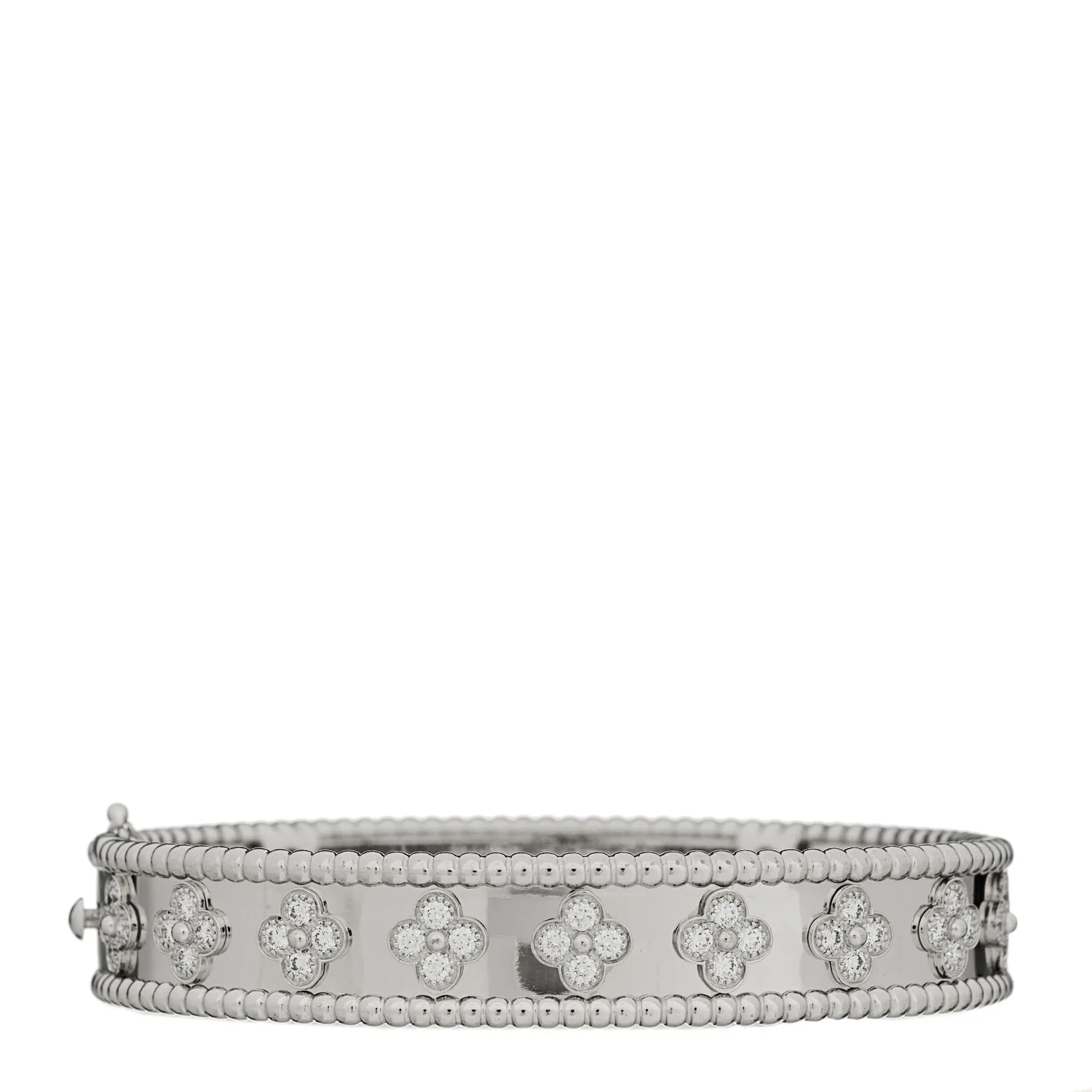 18K White Gold Diamond Perlee Clovers Bangle Bracelet S - Image 2