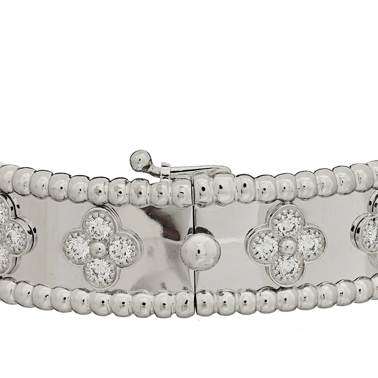 18K White Gold Diamond Perlee Clovers Bangle Bracelet S - Image 3