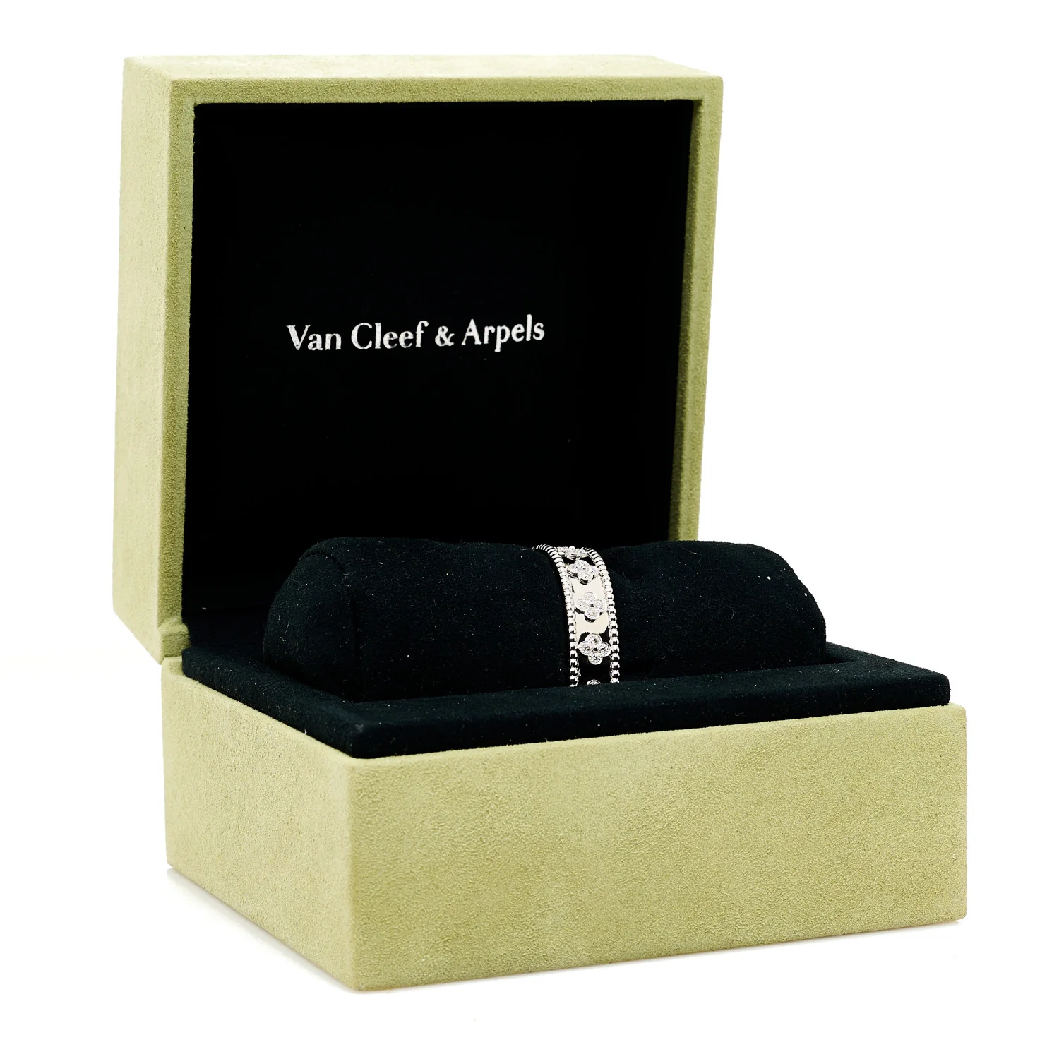 18K White Gold Diamond Perlee Clovers Bangle Bracelet S - Image 5